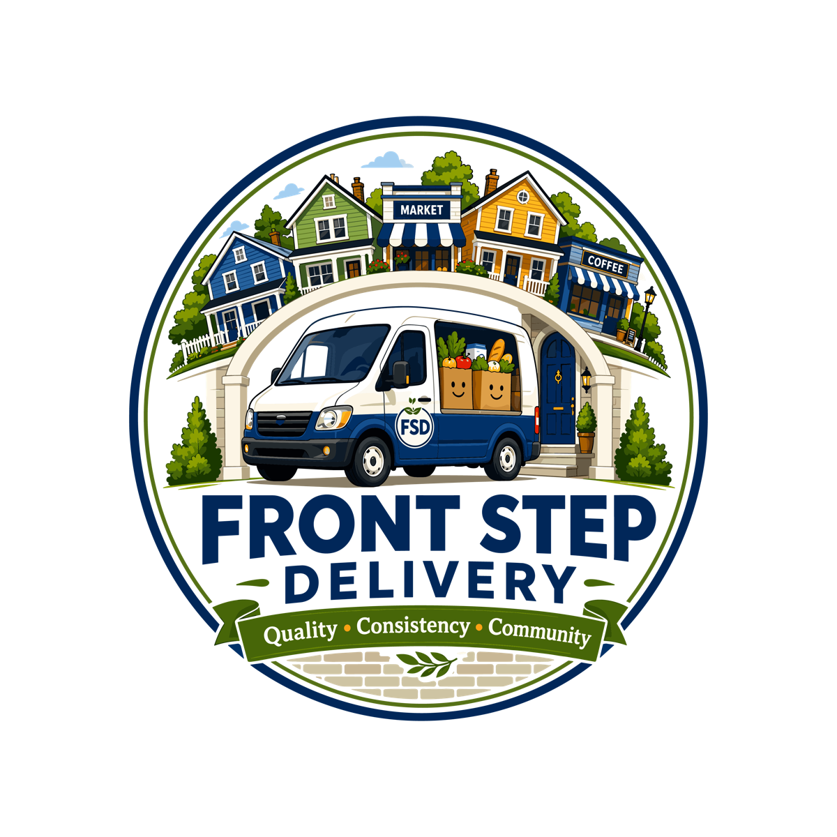 FrontStep Delivery — a grocery van delivering to a Richmond neighborhood